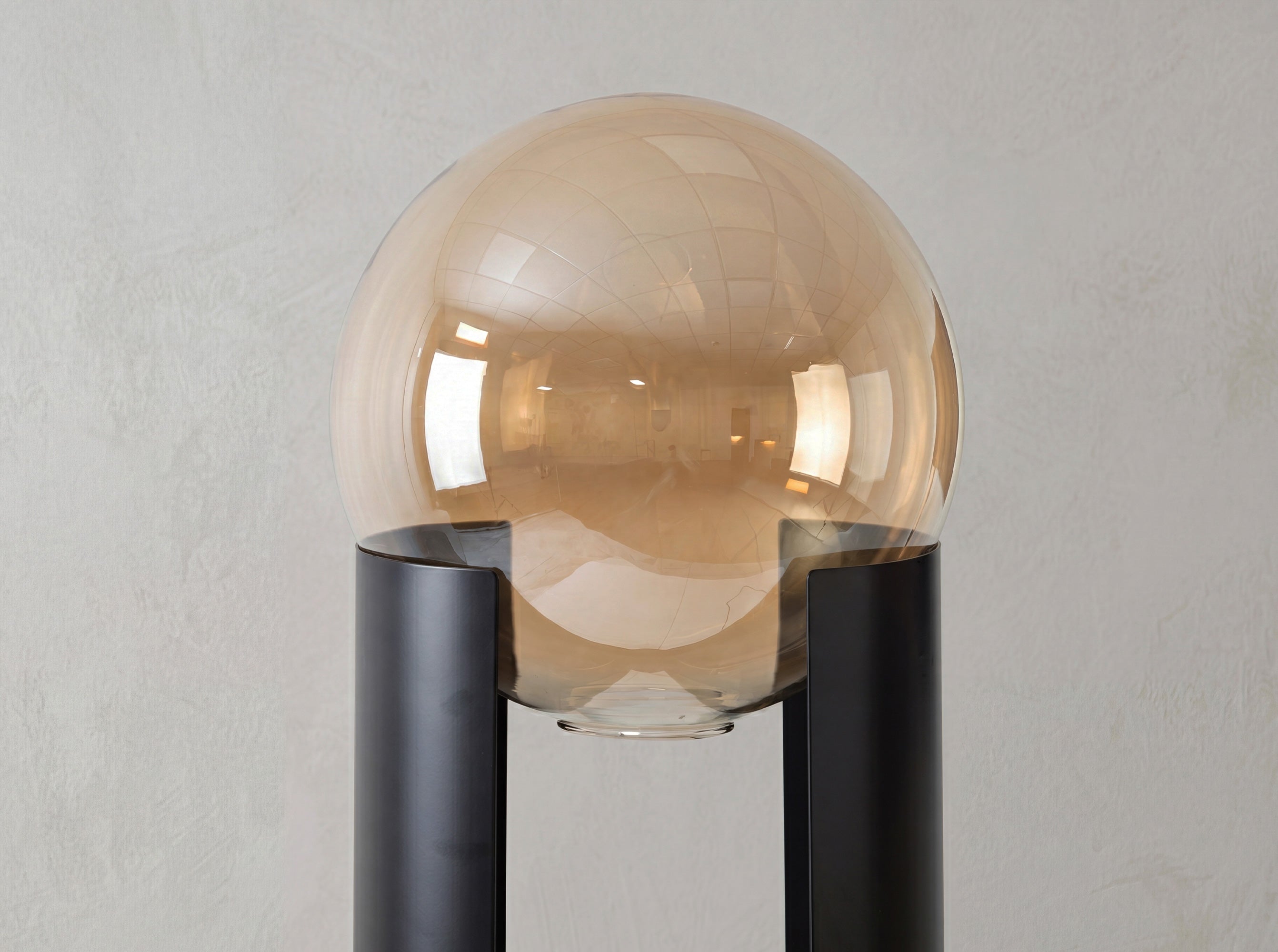 Smoked amber glass and black steel floor lamp