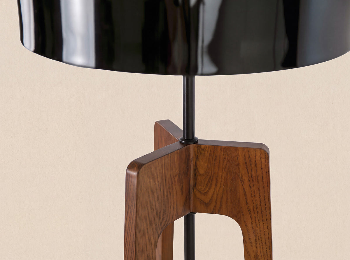 Floor lamp in black and white aluminium and walnut-coloured pine wood