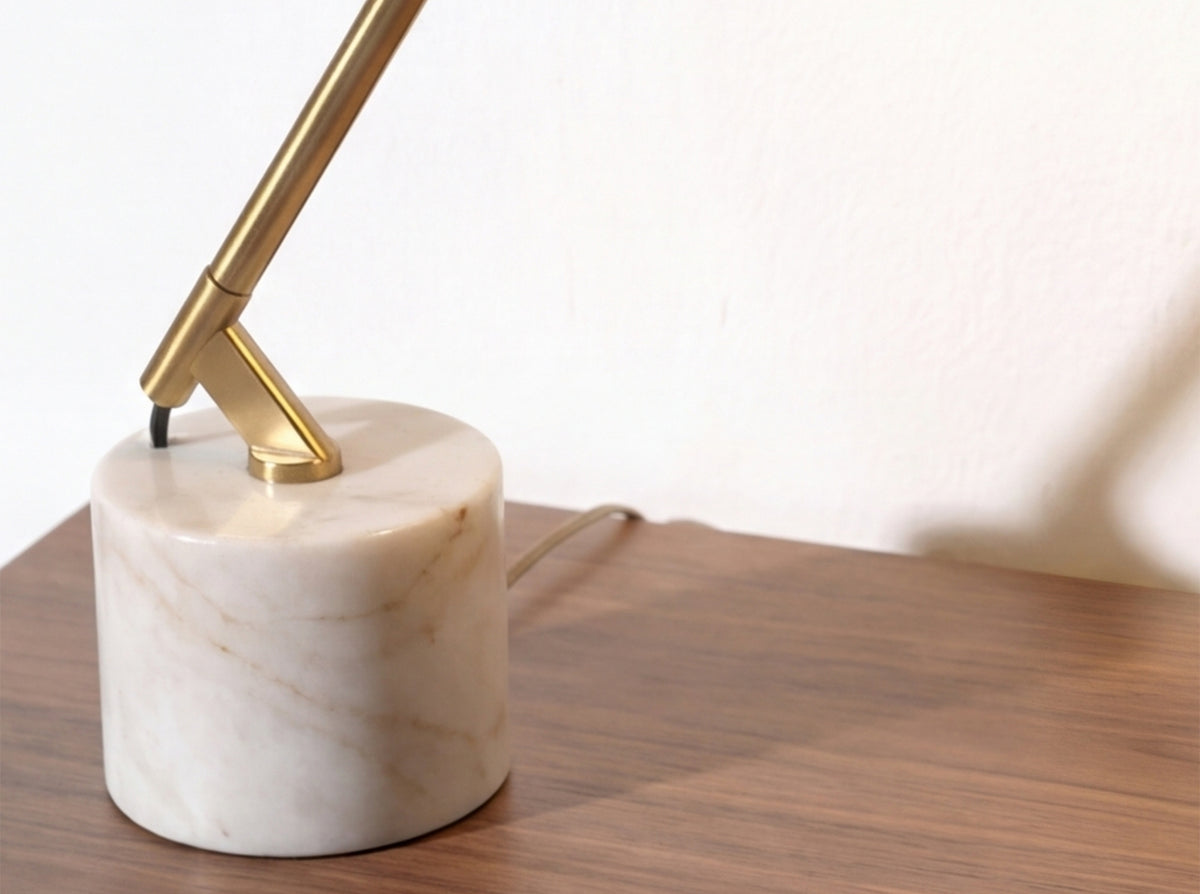 Table lamp in white steel and polished gold steel with porcelain marble base