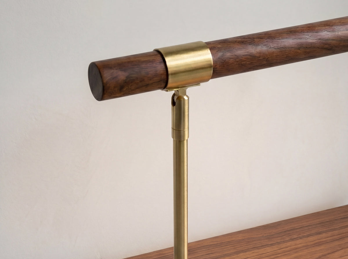 Table lamp in walnut-effect steel and polished gold steel