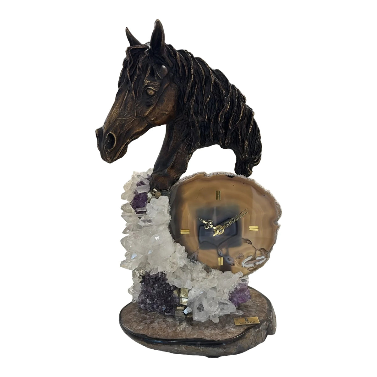 Horse Head Sculpture Clock — Bronze on Honey Agate · 38 cm