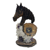 Horse Head Sculpture Clock — Bronze on Honey Agate · 38 cm