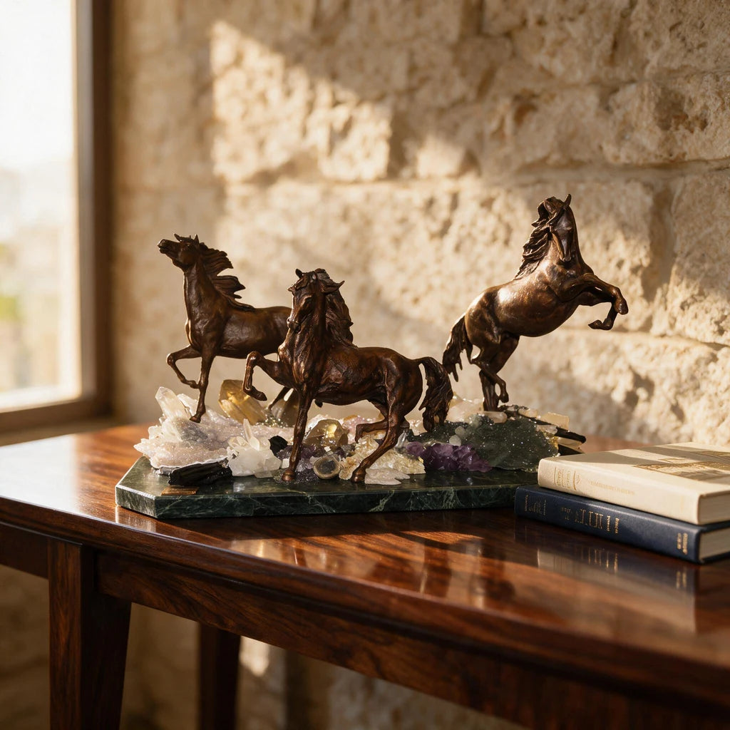 Herd of Three Horses — Bronze on Amethyst · 36 cm