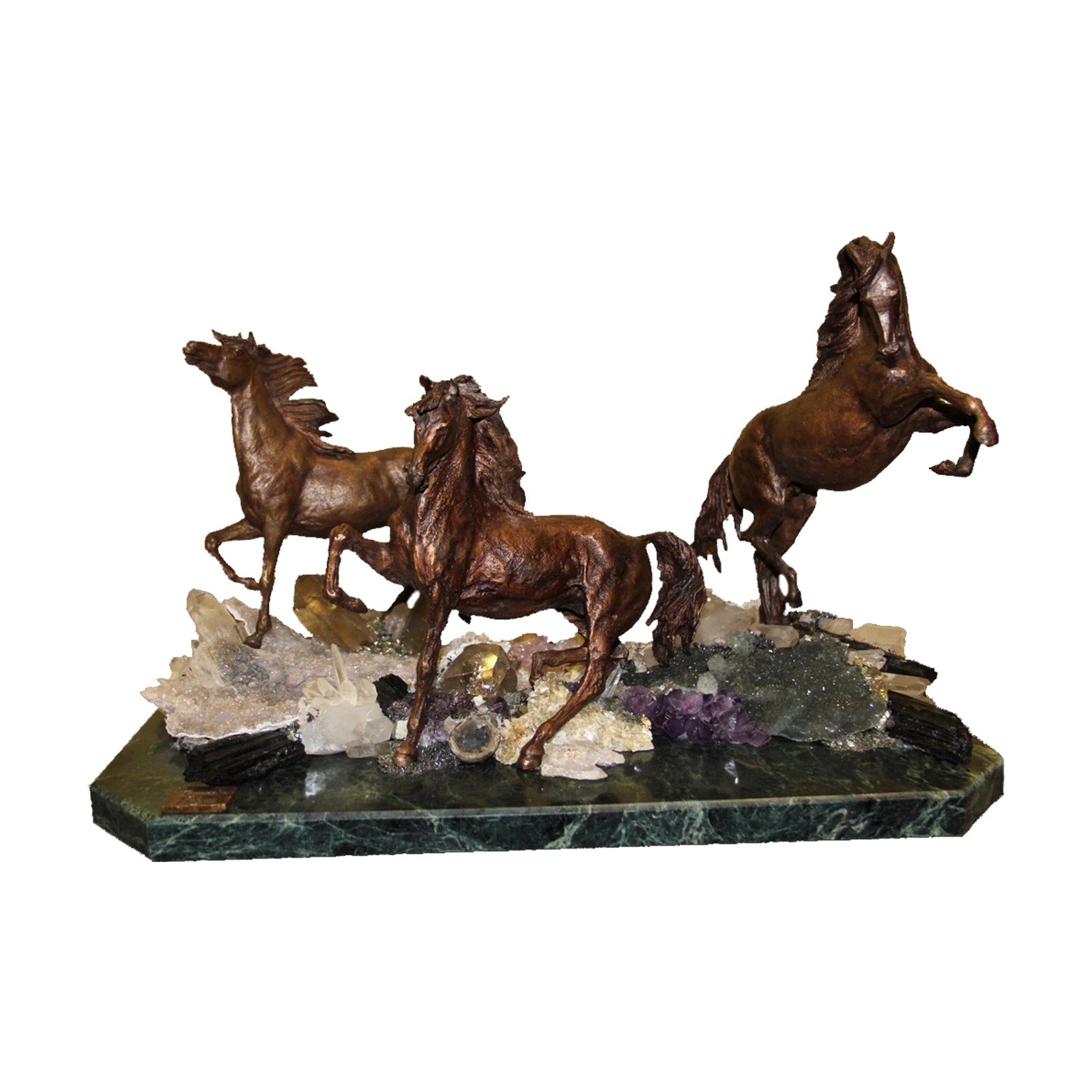 Herd of Three Horses — Bronze on Amethyst · 36 cm