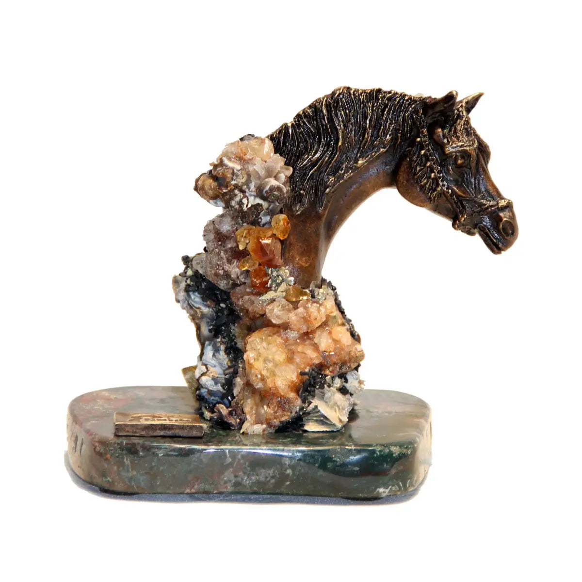 Bronze Horse Head with Natural Crystal – Luxurious Artistic Sculpture by Ebano - Alternate Angle