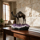 Standing Camel Sculpture — Bronze on Amethyst · 33 cm