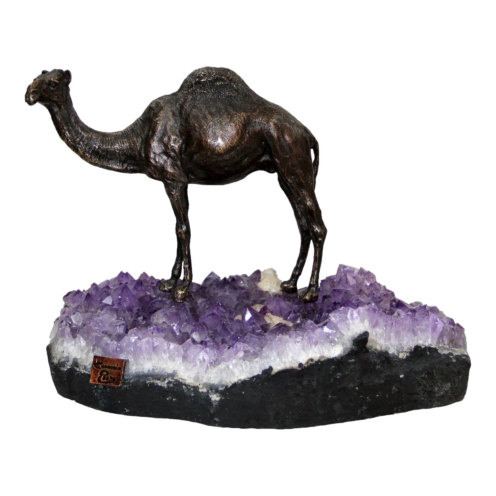Standing Camel Sculpture — Bronze on Amethyst · 33 cm