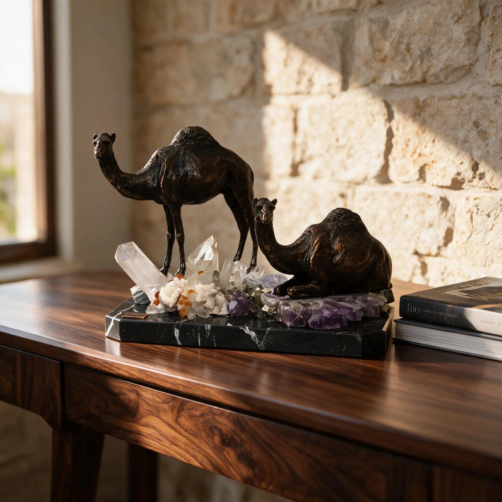 Pair of Camels Sculpture — Bronze on Amethyst · 32 cm