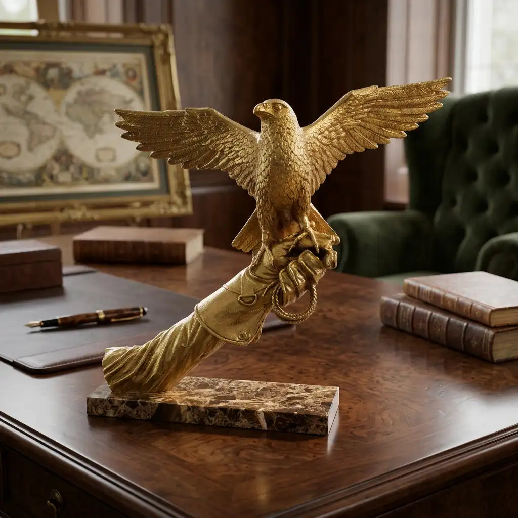 Golden Falcon Perched on Arm – Luxurious Artistic Sculpture
