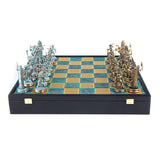 GREEK MYTHOLOGY CHESS SET in wooden box with blue/brown by Manopoulos - Detail View