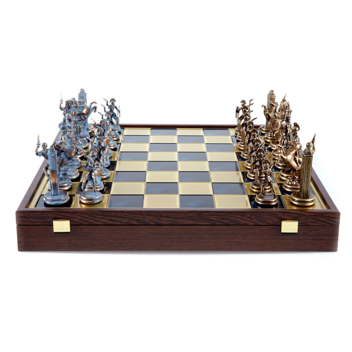 GREEK MYTHOLOGY CHESS SET in wooden box with blue/brown chessmen and bronze chessboard (Extra Large) - LAZADO