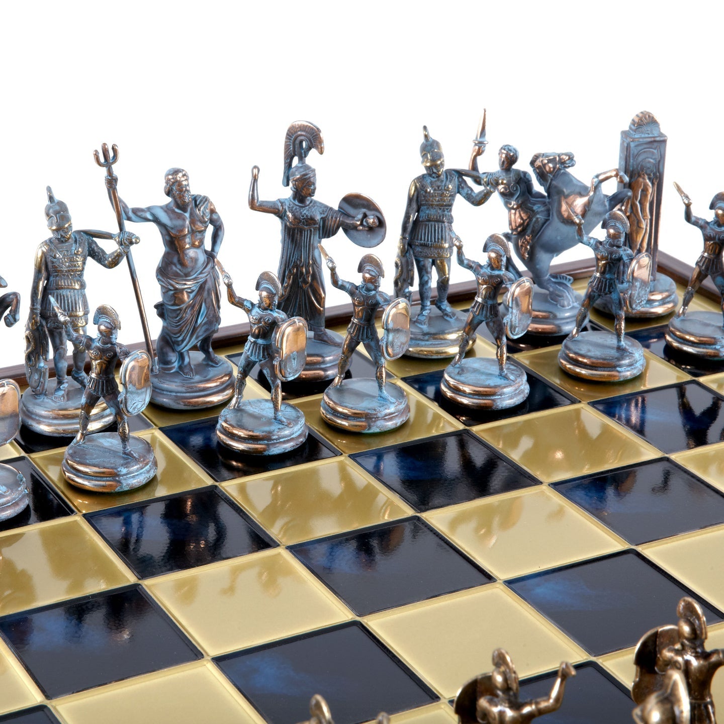 GREEK MYTHOLOGY CHESS SET in wooden box with blue/brown chessmen and bronze chessboard (Extra Large) - LAZADO