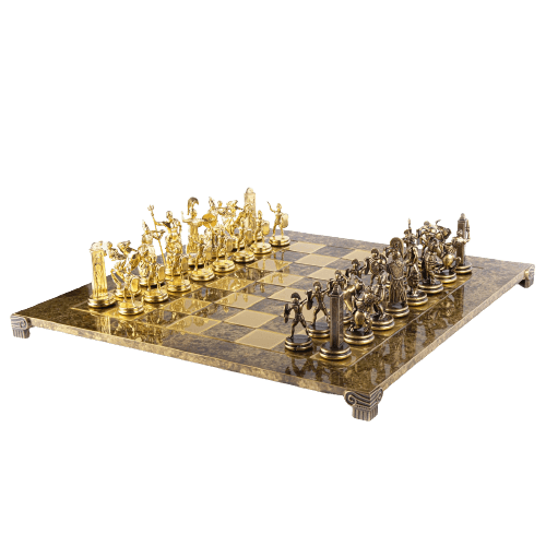 GREEK MYTHOLOGY CHESS SET with gold/brown chessmen and bronze chessboard - 54 x 54cm (Extra Large) - LAZADO