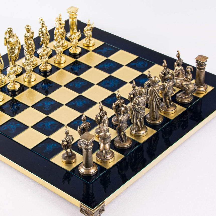 GREEK ROMAN PERIOD CHESS SET with gold/brown chessmen and bronze chessboard - 44 x 44cm (Large) - LAZADO