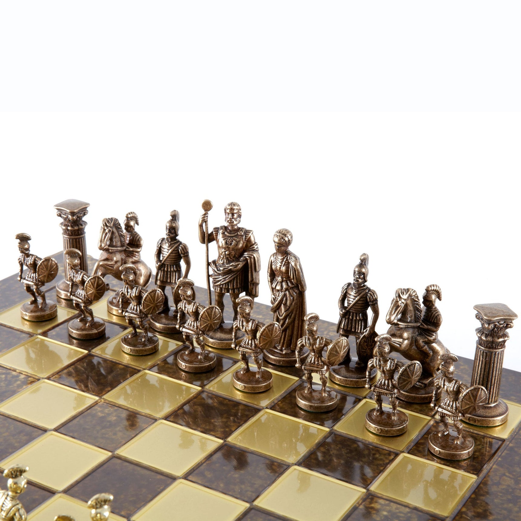 GREEK ROMAN PERIOD CHESS SET with gold/brown chessmen and bronze chessboard - 44 x 44cm (Large) - LAZADO