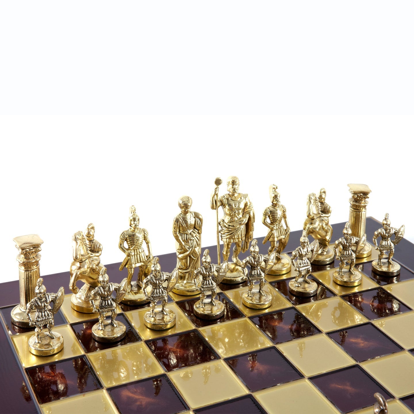 GREEK ROMAN PERIOD CHESS SET with gold/brown chessmen and bronze chessboard - 44 x 44cm (Large) - LAZADO