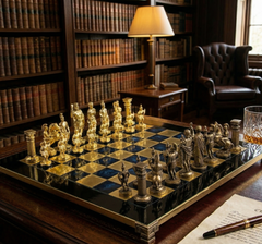 GREEK ROMAN PERIOD CHESS SET with gold/brown chessmen and bronze chessboard - 44 x 44cm (Large)
