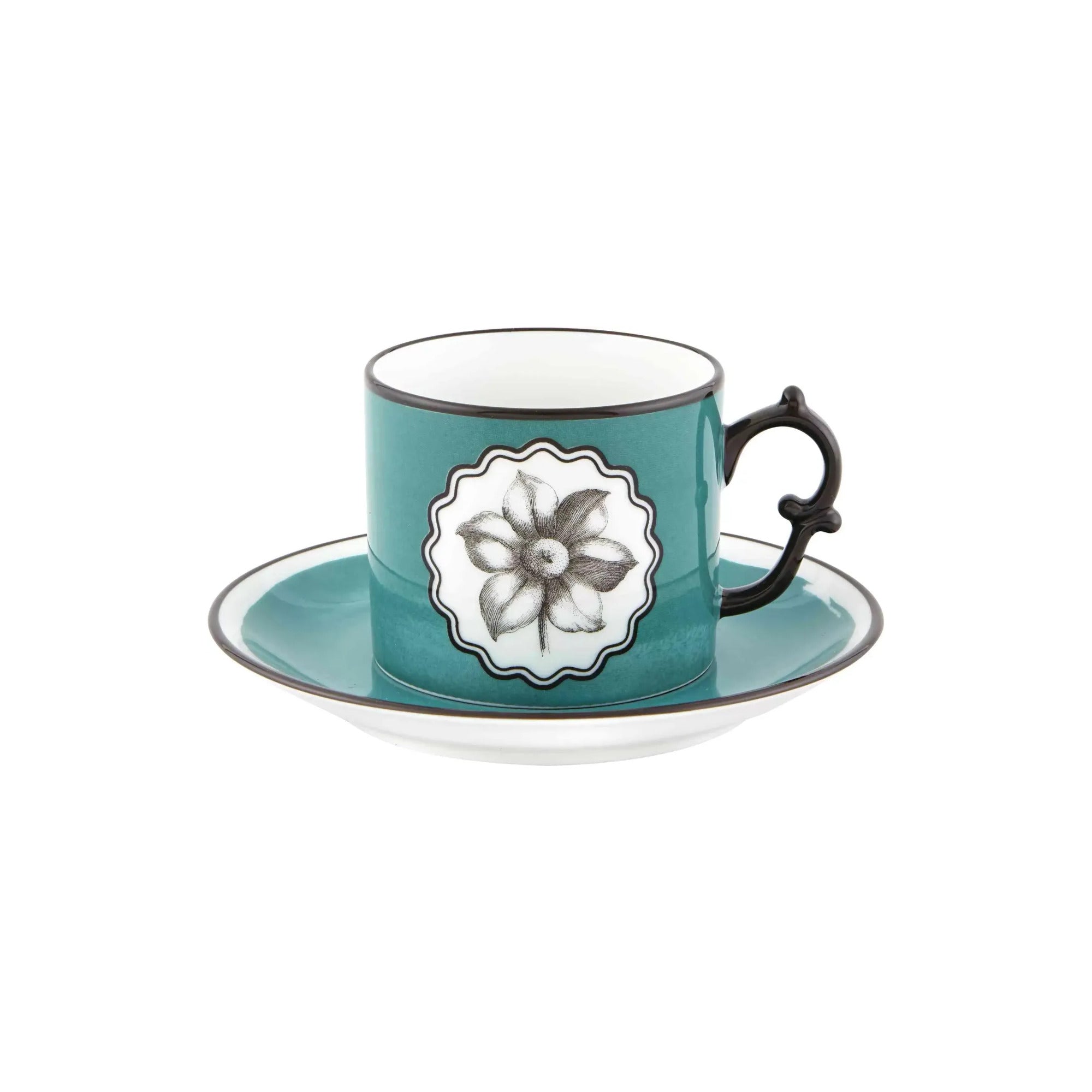Herbariae peacock-blue tea cup and saucer, official Vista Alegre packshot