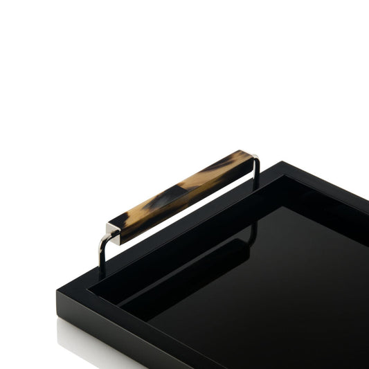 ISSACO - Tray: wood with lacquered black gloss finish. Handles: dark horn and chromed brass - LAZADO