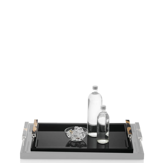 ISSACO - Tray: wood with lacquered black gloss finish. Handles: dark horn and chromed brass - LAZADO