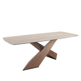 Oval dining table with barrel-shaped porcelain marble and walnut top