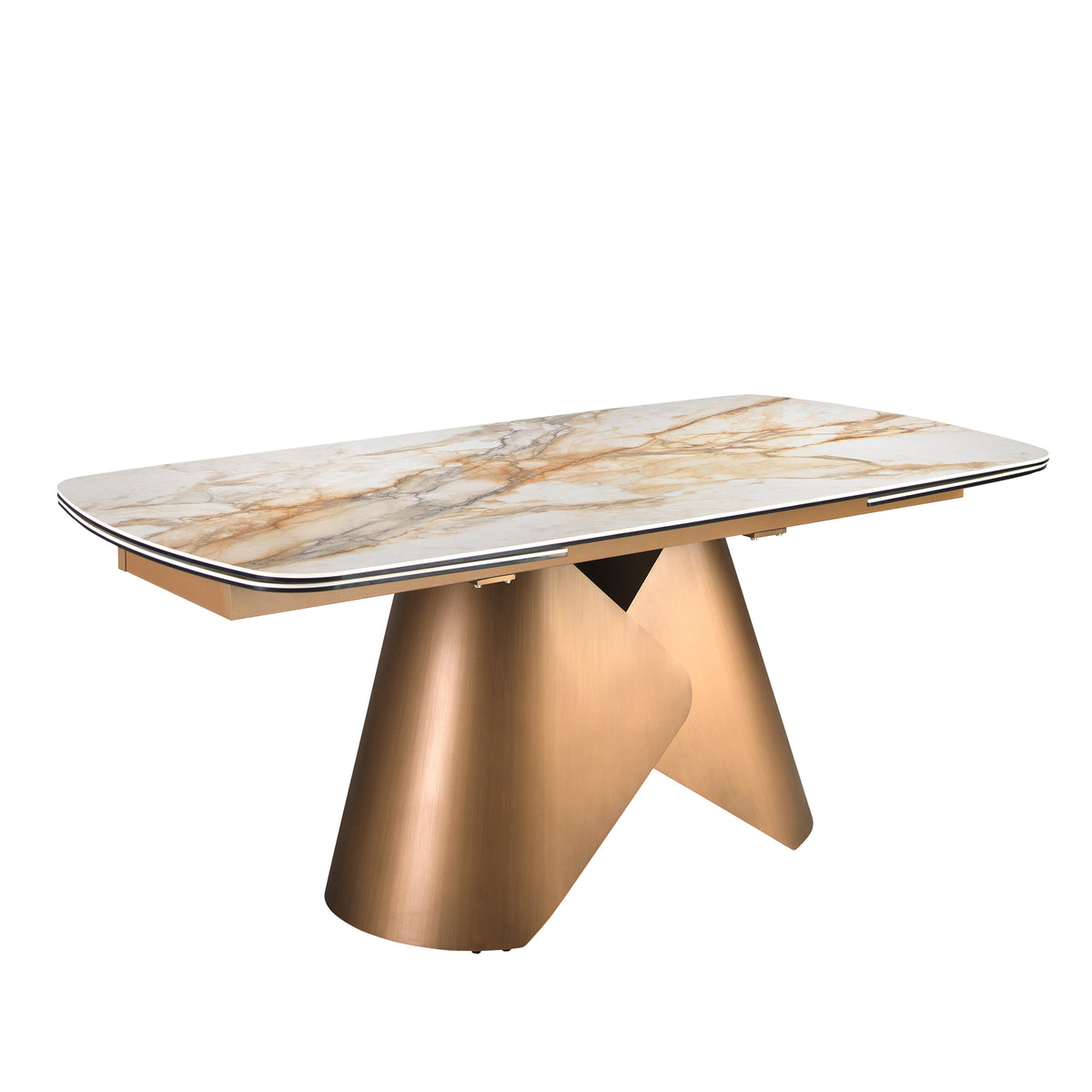 Oval barrel-shaped extendable dining table with porcelain marble top and bronze-coloured steel structure