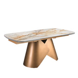 Oval barrel-shaped extendable dining table with porcelain marble top and bronze-coloured steel structure