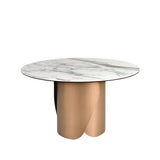 Round dining table with porcelain marble top and bronze-colored steel base