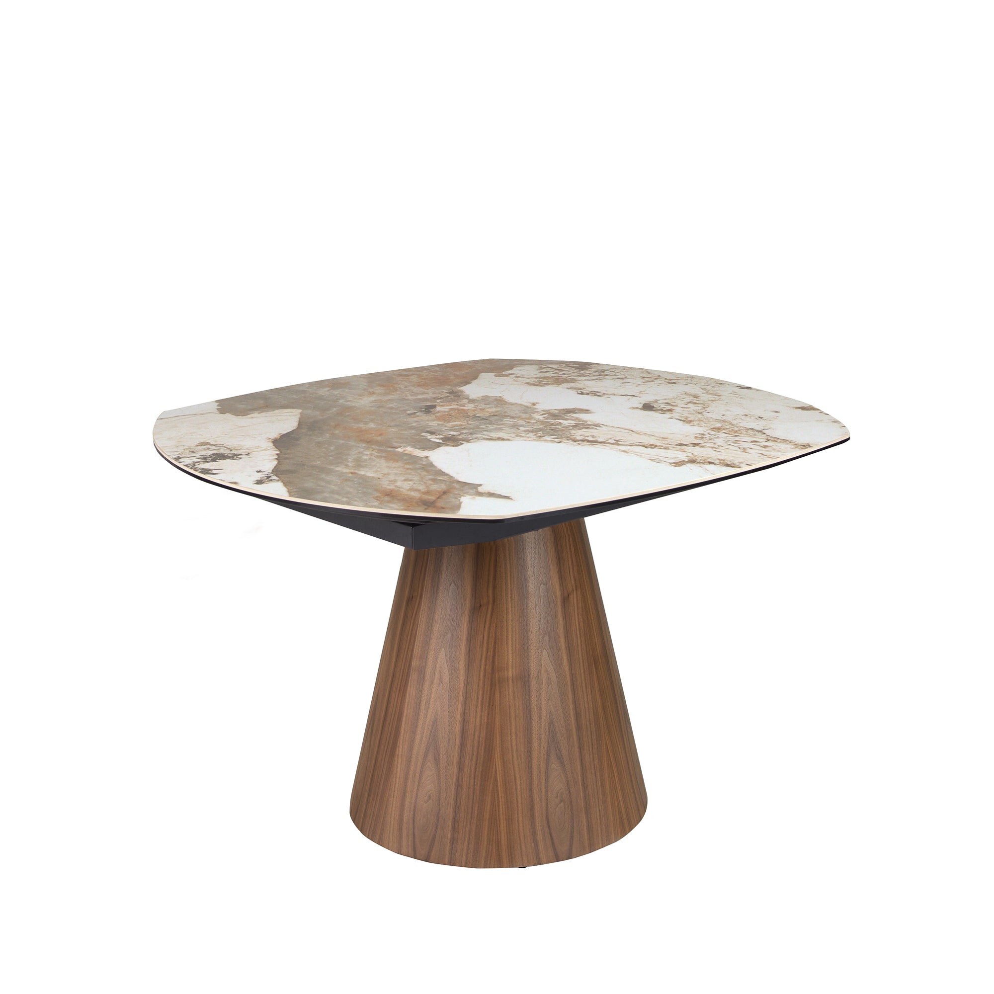 Oval barrel-shaped extendable dining table with porcelain marble top and walnut wood