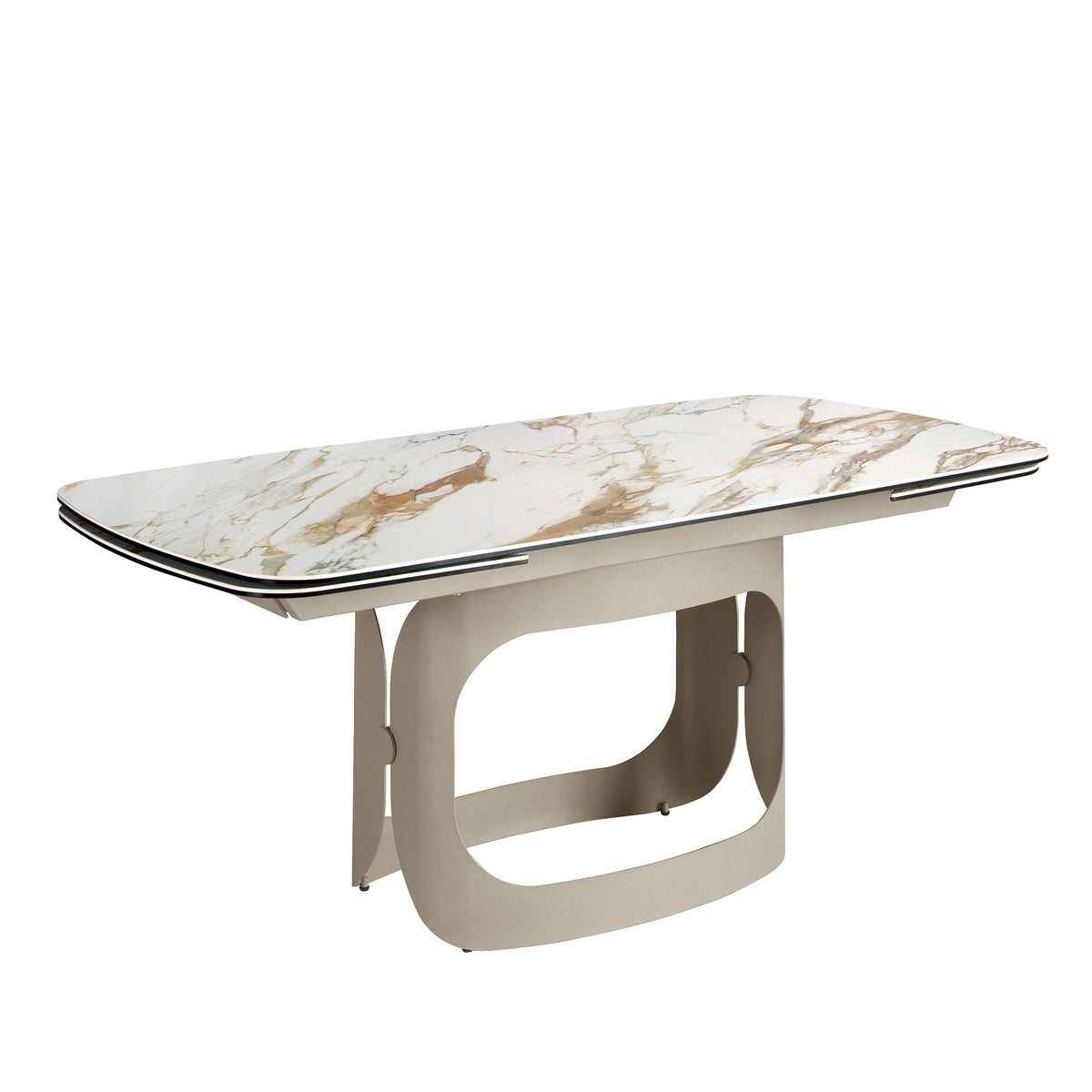 Oval extendable dining table with porcelain marble and metallic sand steel