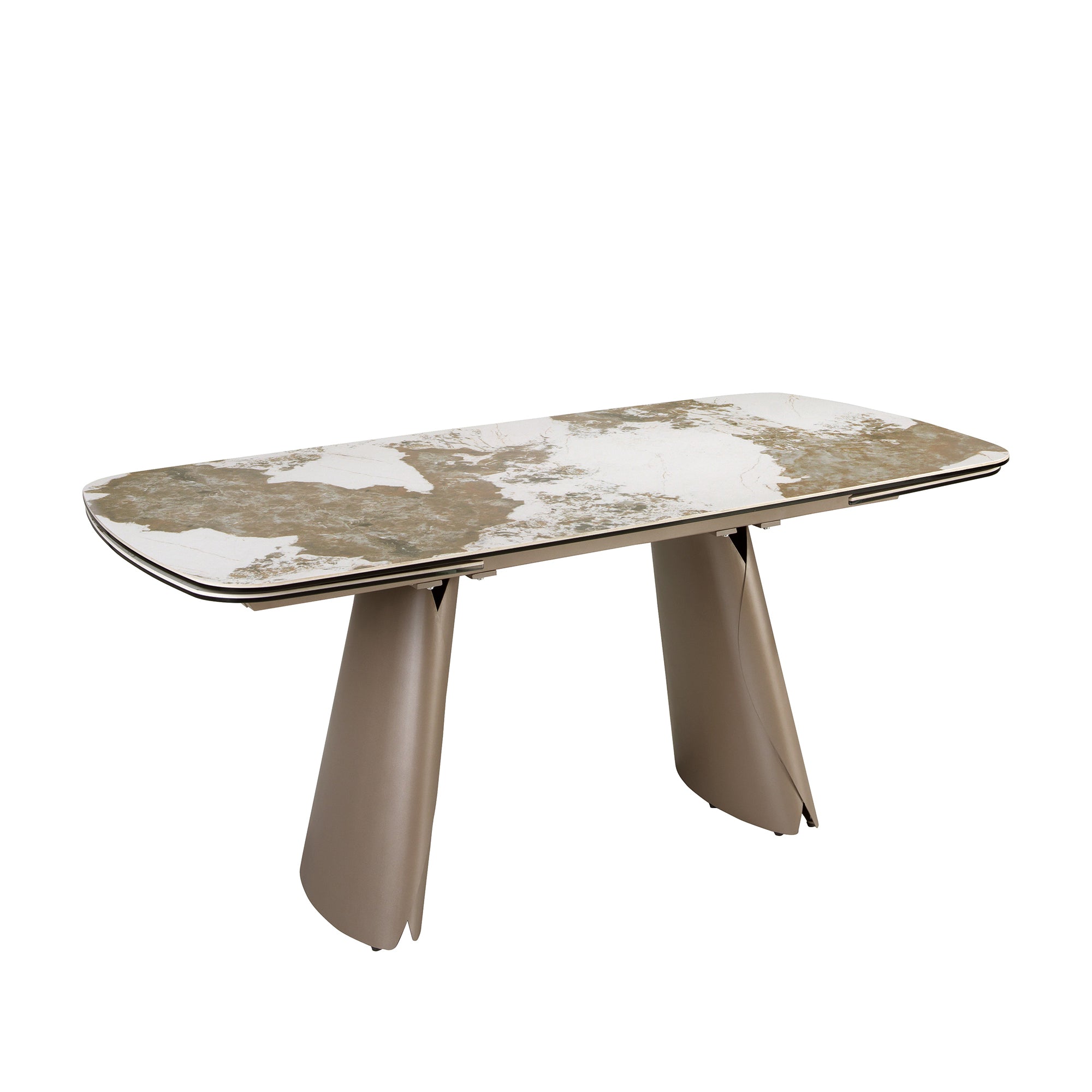 Extendable barrel-shaped oval dining table in porcelain marble and metallic taupe steel