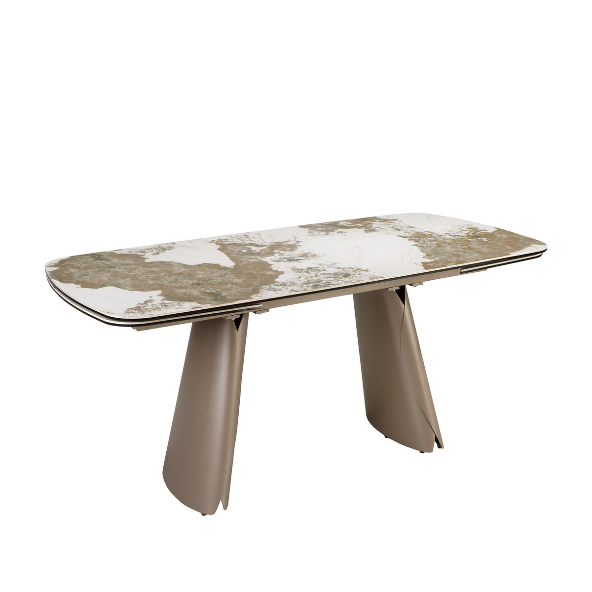 Extendable barrel-shaped oval dining table in porcelain marble and metallic taupe steel