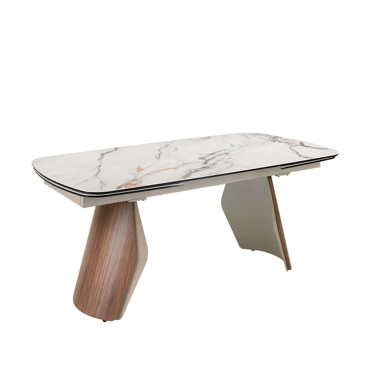 Oval barrel-shaped extendable dining table with porcelain marble top, metallic sand-coloured steel and walnut wood