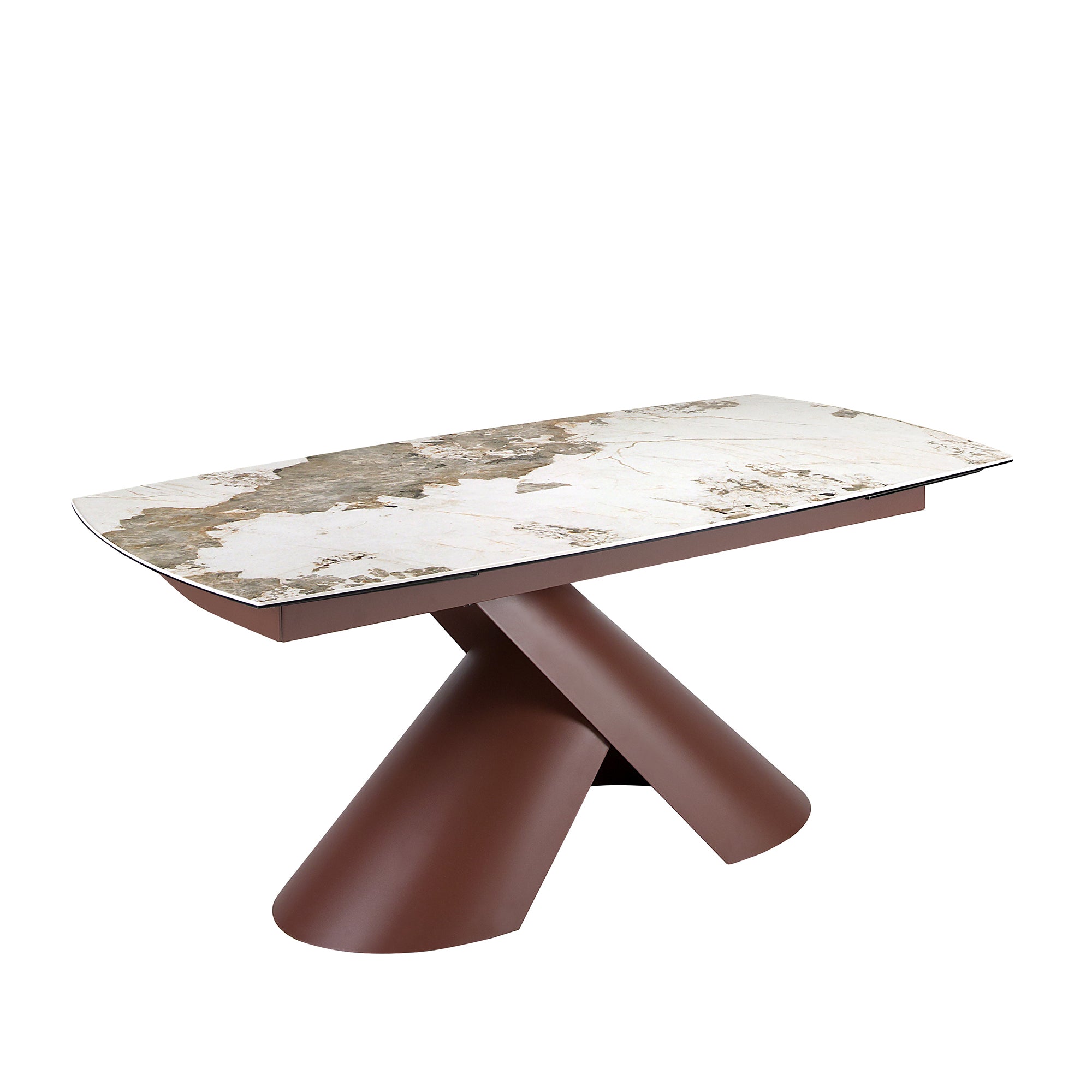 Extendable barrel oval dining table in porcelain marble and copper-brown steel