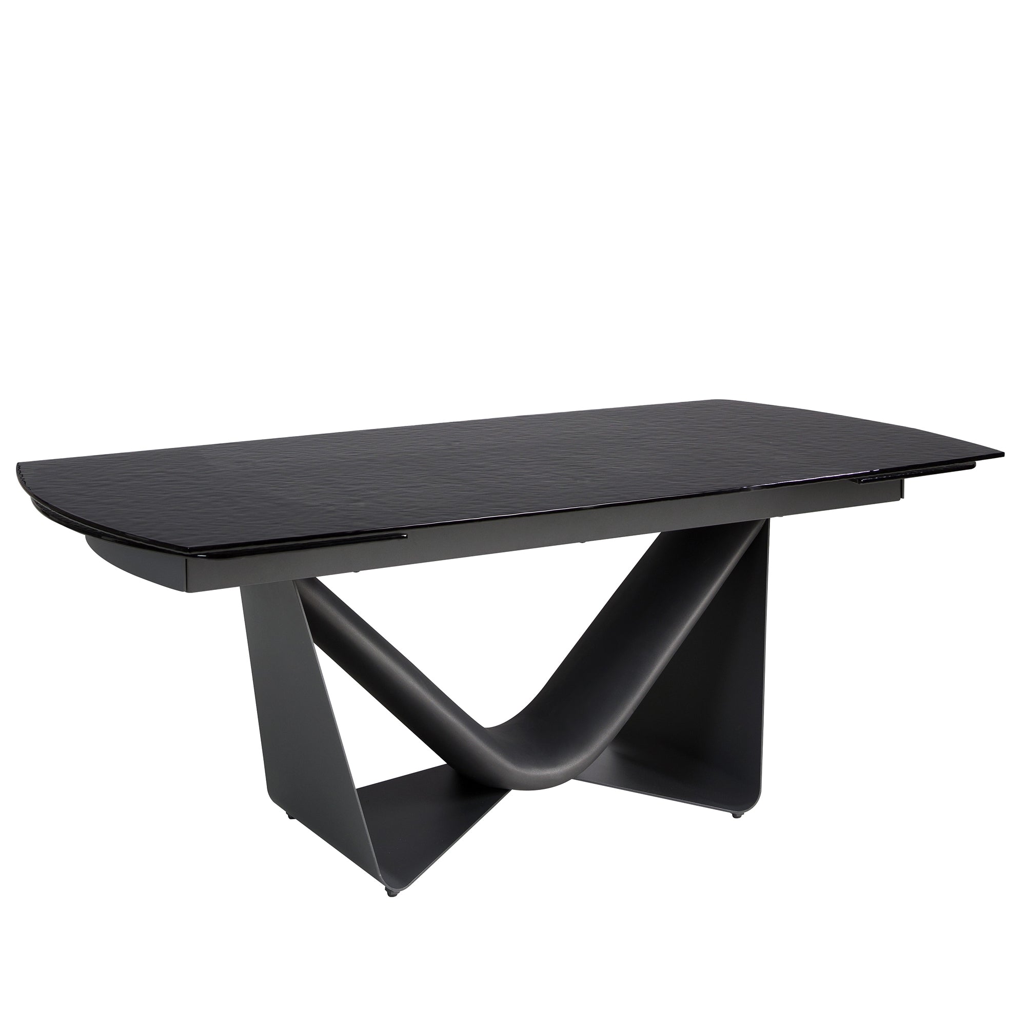 Extendable barrel oval dining table in black glass, steel, dark grey fiberglass and metal