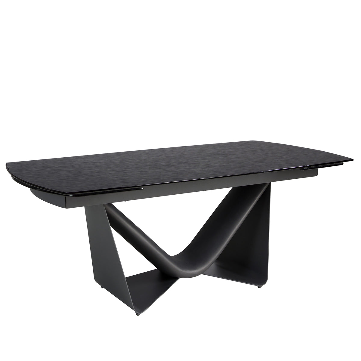 Extendable barrel oval dining table in black glass, steel, dark grey fiberglass and metal