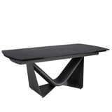 Extendable barrel oval dining table in black glass, steel, dark grey fiberglass and metal