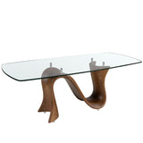 Barrel-shaped oval dining table in tempered glass and walnut