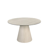 Round dining table in porcelain marble and wood covered with a flexible porcelain marble sheet