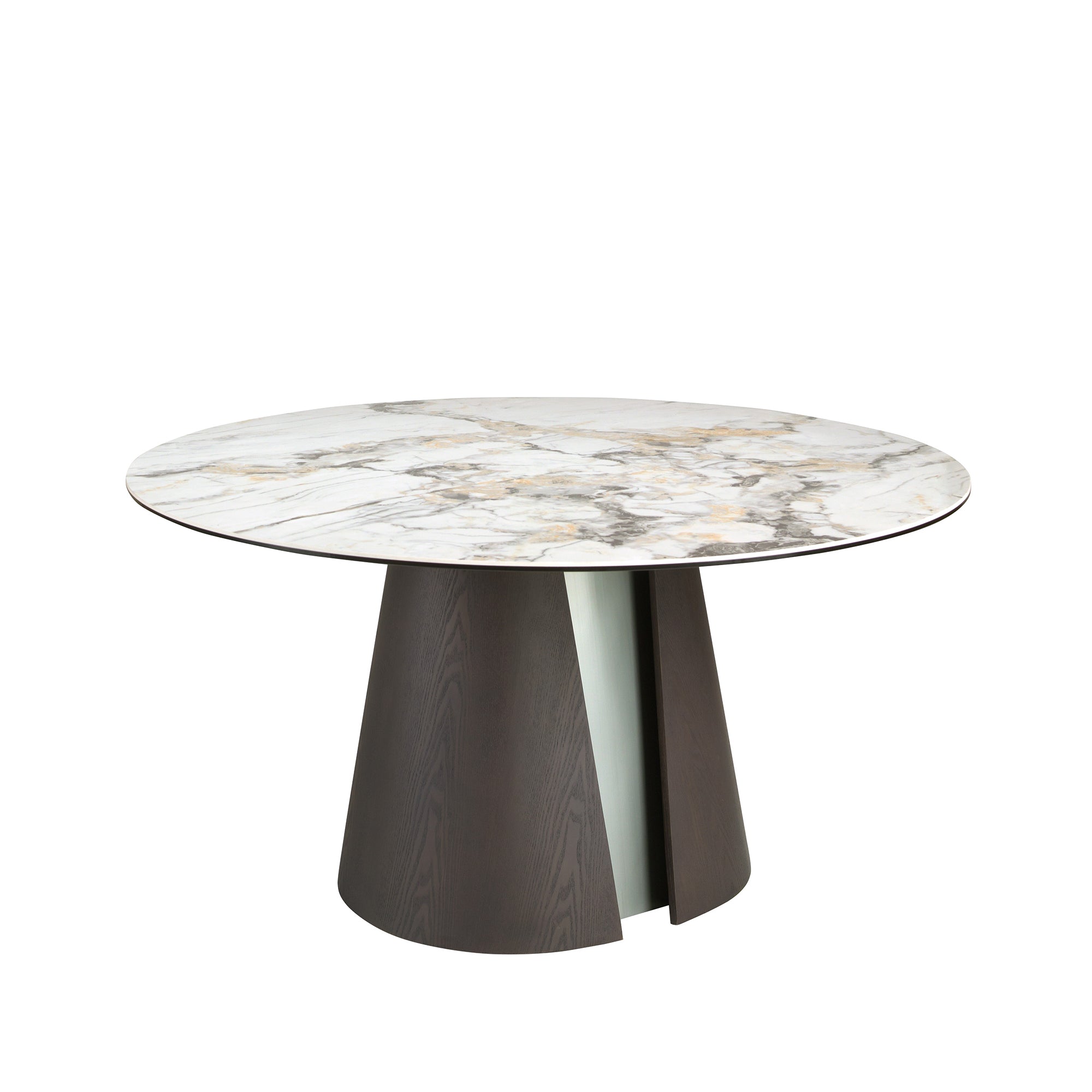 Round dining table in porcelain marble, dark ash oak and silver-coloured wood