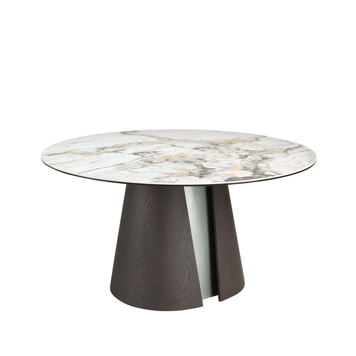 Round dining table in porcelain marble, dark ash oak and silver-coloured wood