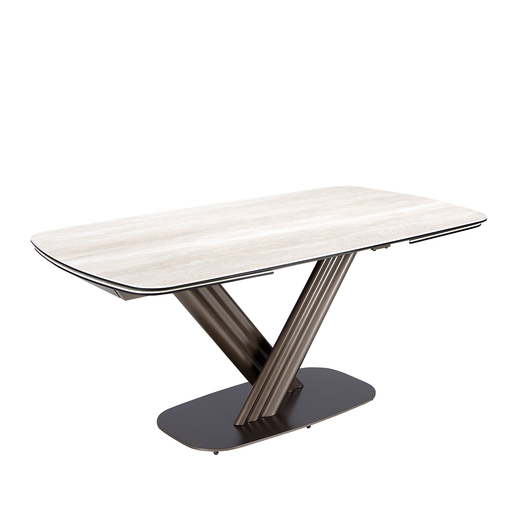 Extendable barrel oval dining table in porcelain marble and dark metallic brown steel