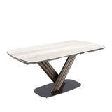 Extendable barrel oval dining table in porcelain marble and dark metallic brown steel
