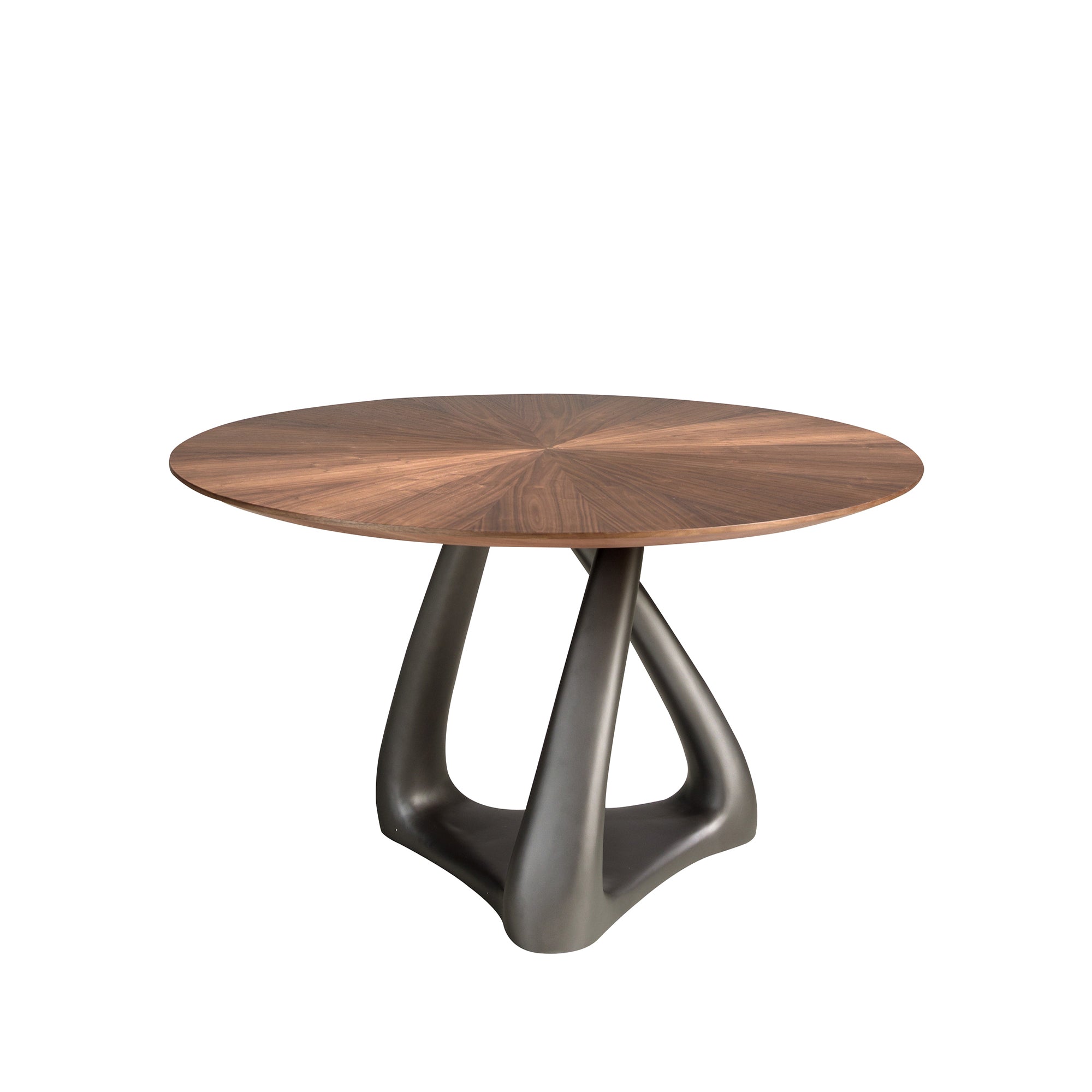 Round dining table in walnut, dark grey fiberglass and metal