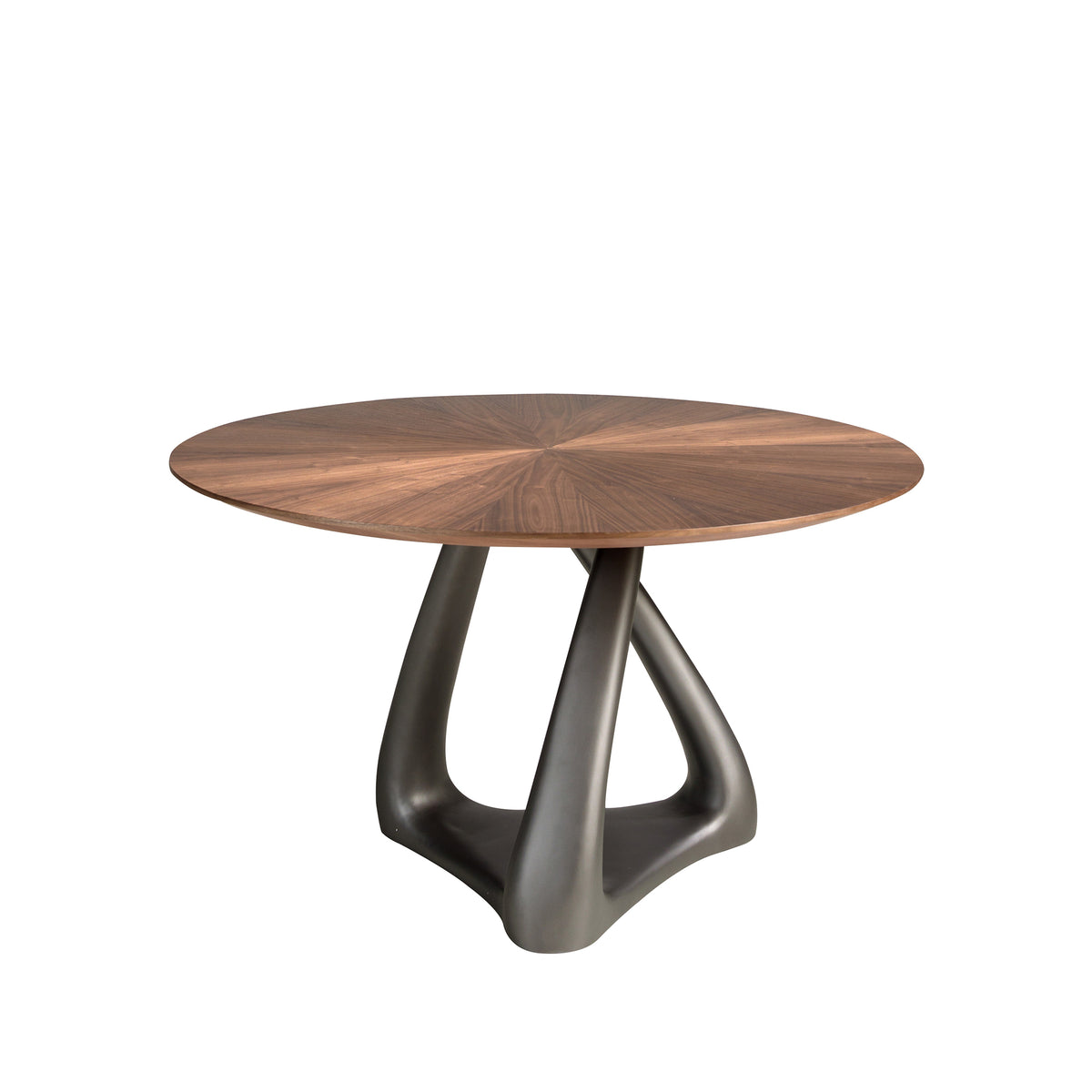 Round dining table in walnut, dark grey fiberglass and metal