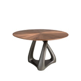 Round dining table in walnut, dark grey fiberglass and metal
