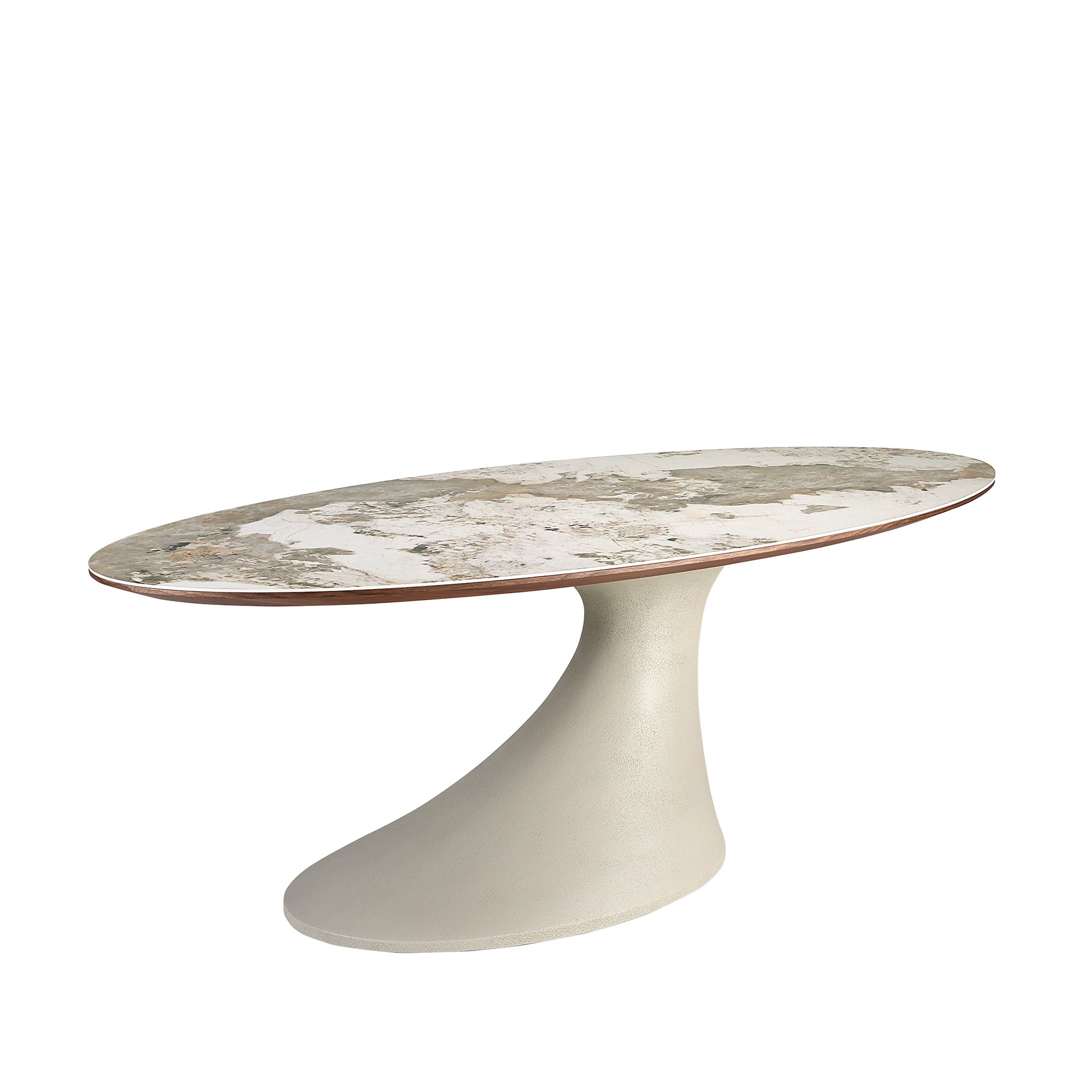 Oval dining table in porcelain marble and sand-coloured epoxy fiberglass