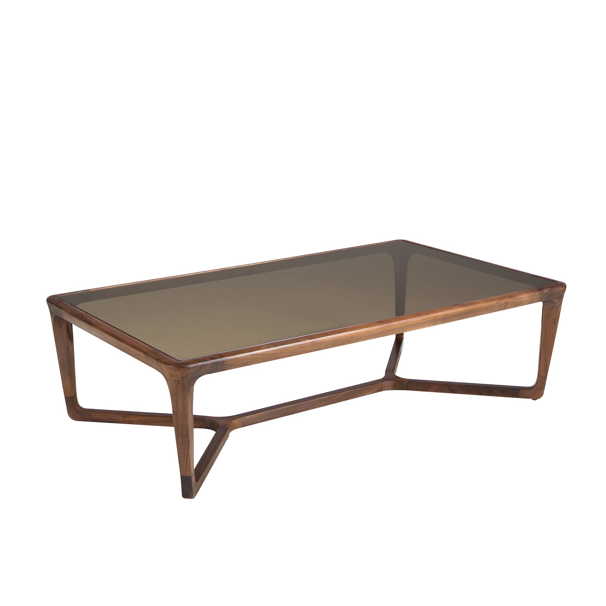 Rectangular coffee table in smoked brown glass and walnut