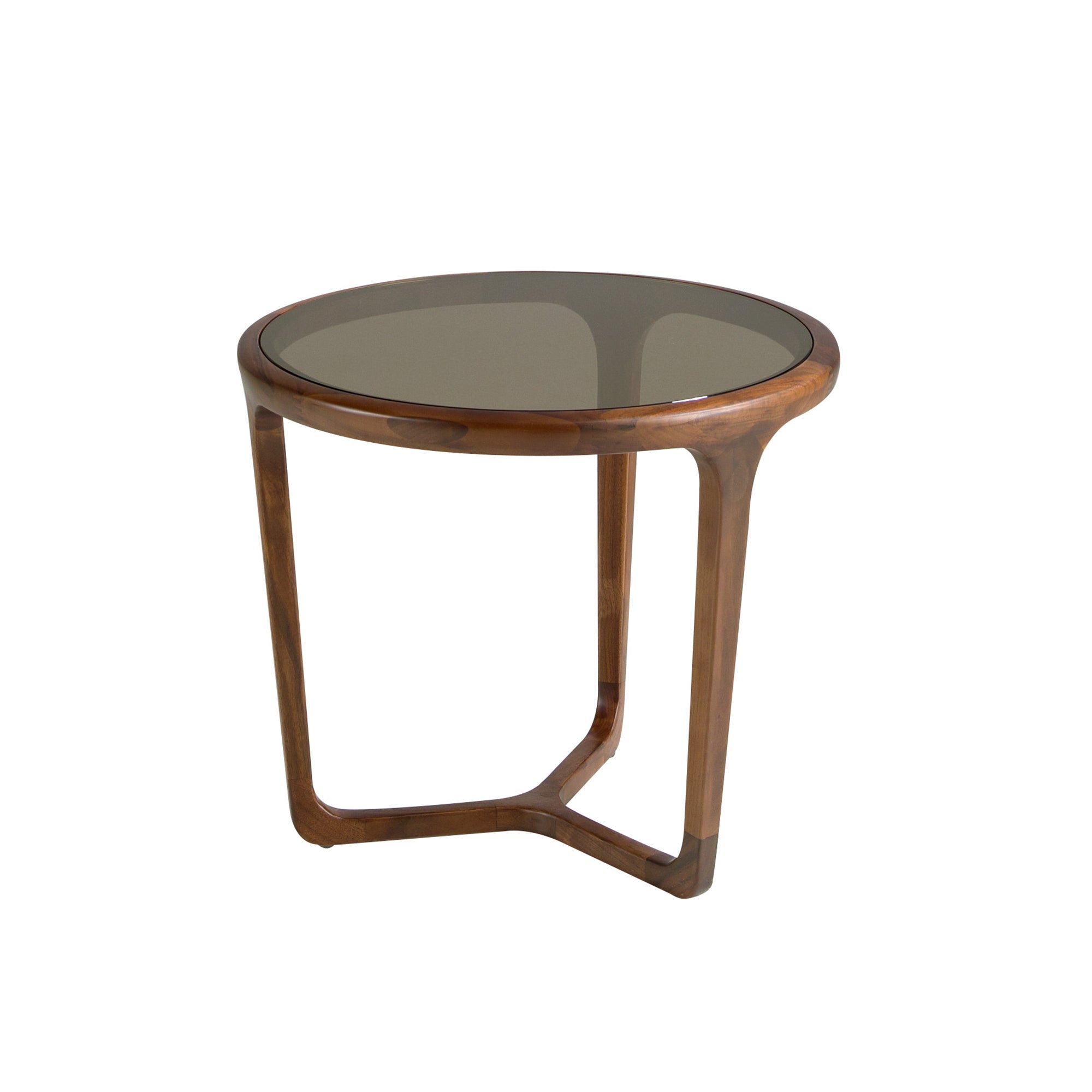 Round Brown Smoked Glass and Walnut Side Table