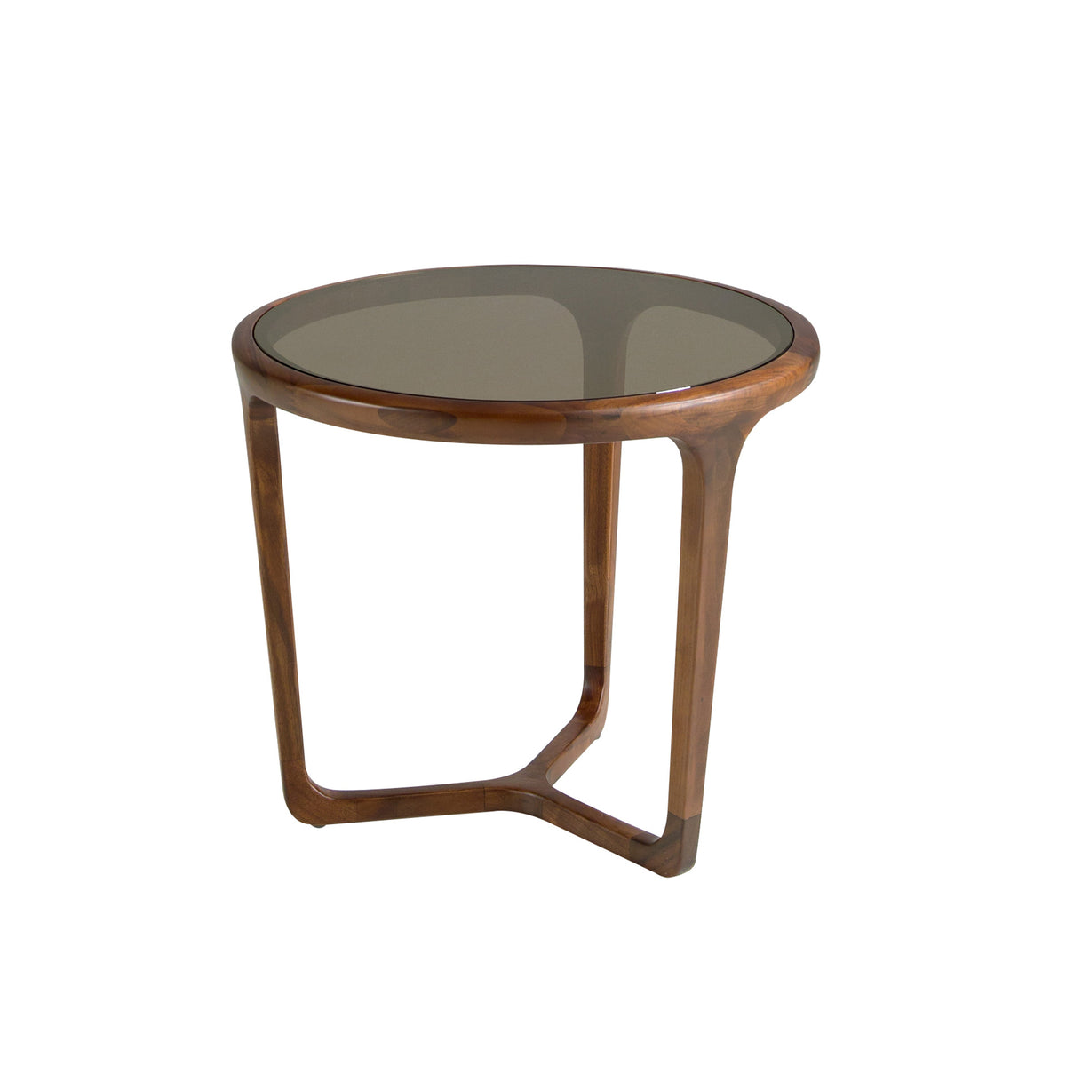 Round Brown Smoked Glass and Walnut Side Table